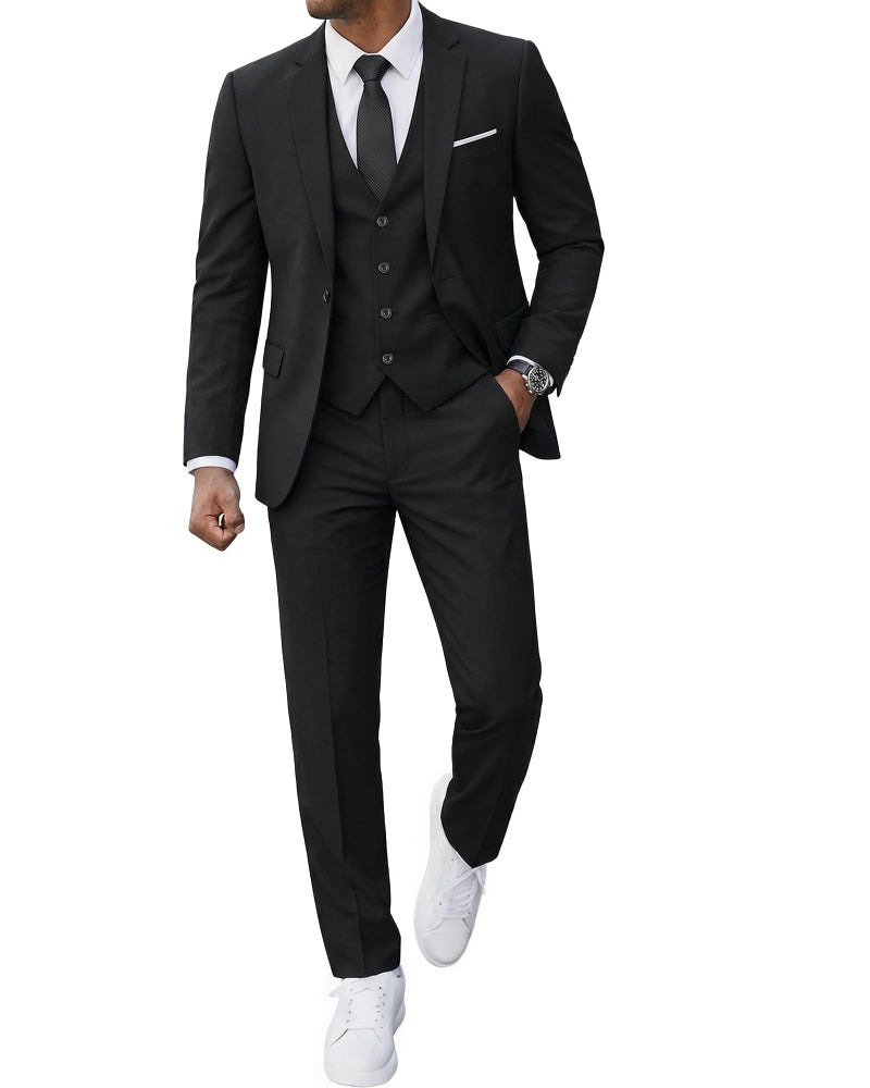 MrSure Men's 3 Piece Suit Blazer, Slim Fit Tux with One Button, Jacket Vest Pants & Tie Set for Party, Wedding and Business Black - Image 1